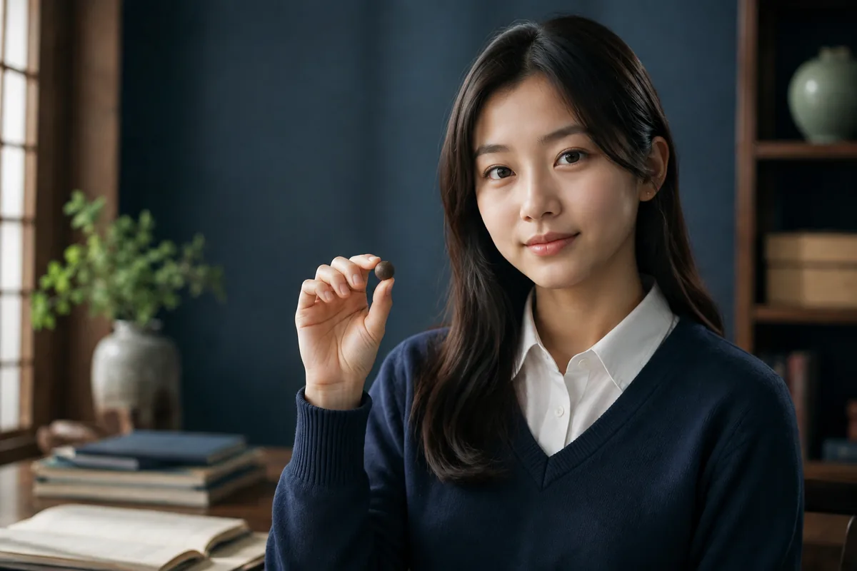 차분한 서재에서 공진단 한 환을 들고 있는 모습