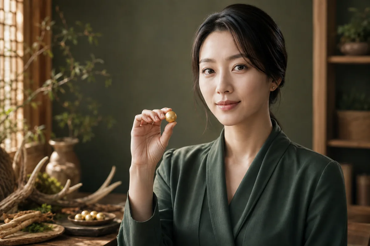 녹용 약재가 놓인 공간에서 공진단 한 환을 들고 있는 모습