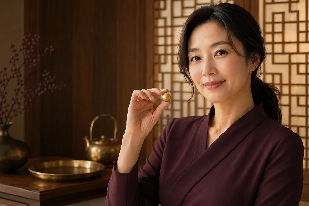 한국풍 공간에서 공진단 한 환을 들고 있는 모습
